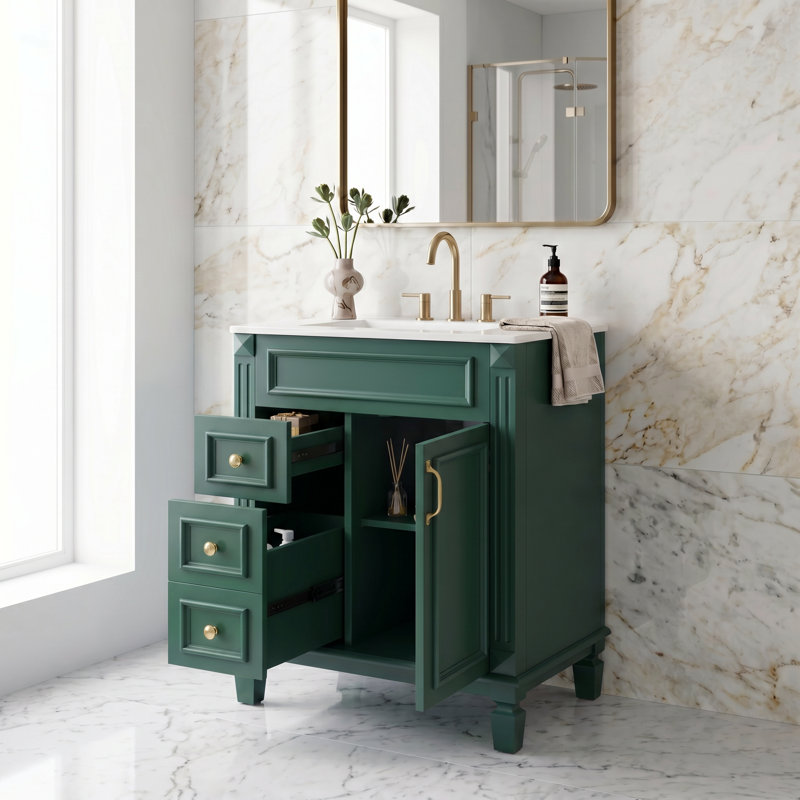 Meuble-lavabo simple français 24 po avec lavabo en céramique, 2 tiroirs et petite tablette de rangement réglable, GREEN