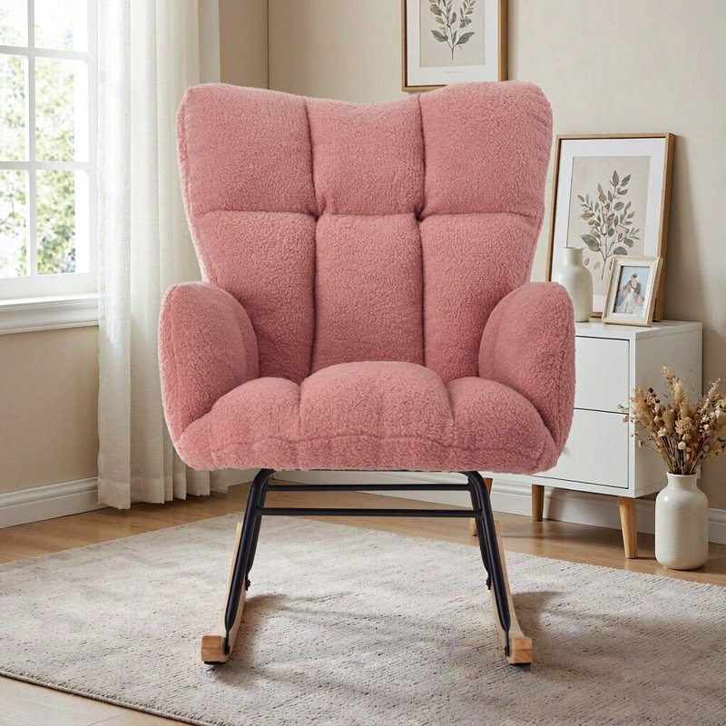 Tufted Upholstered Teddy Fabric Rocking Chair with Metal Frame Blue, Pink