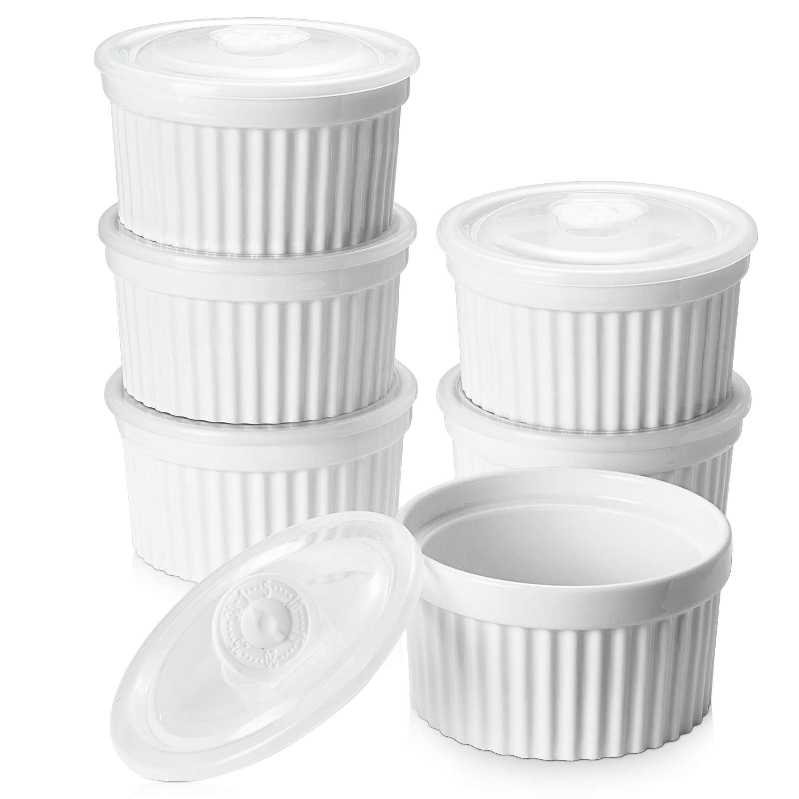 DOWAN 10oz White Ribbed Porcelain Ramekins with Lids, Set of 6 | Wayfair