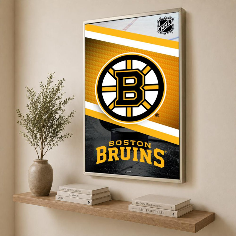 Décoration murale des Bruins de Boston (LNH), 60" H x 40" W, Cadre plat flottant, Champagne