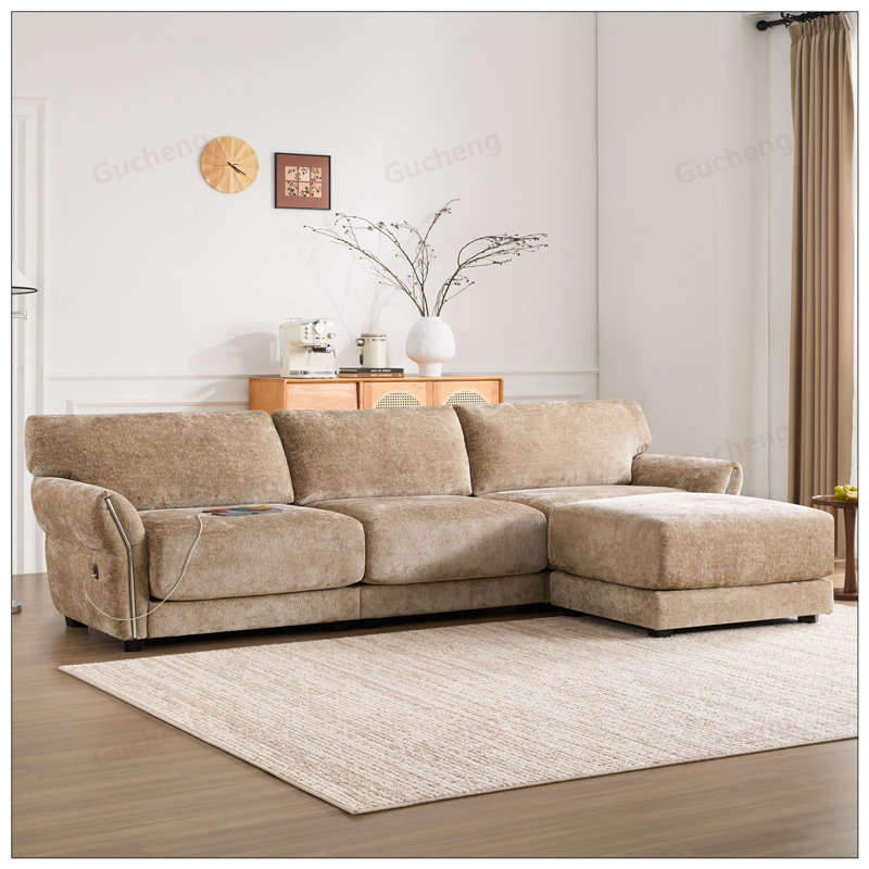 Canapé modulaire en L de 110 po avec siège très large, charge USB et de type C, accoudoir pétale, mousse haute densité, repose-pieds à mouvement libre, structure en bois, chenille, 4 sièges
