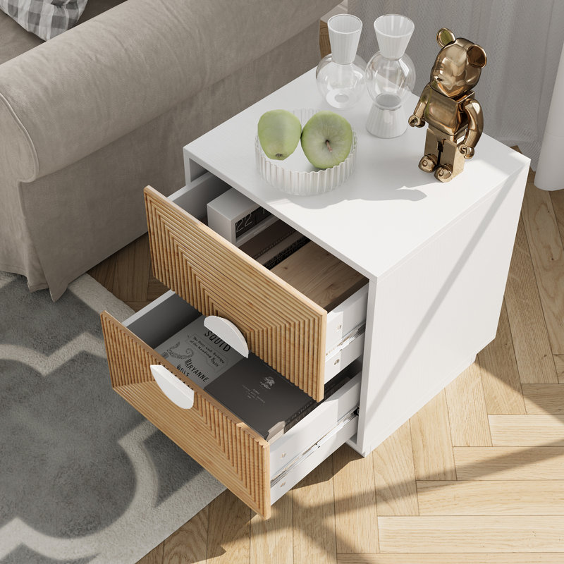 Table de chevet 2 tiroirs Modern Boho avec façade en rotin géométrique et cadre blanc, Blanc, Individuel