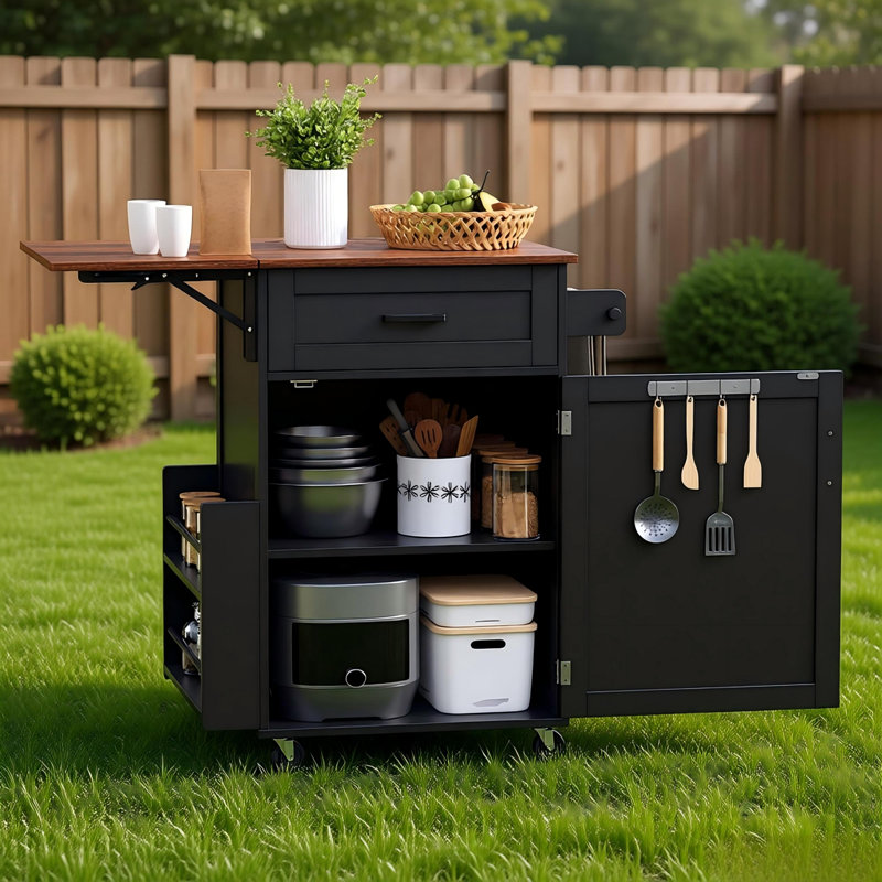 39.3" Farmhouse Kitchen Island With Drop Leaf, Kitchen Storage Island With Open Side Rack, One Drawer, Towel Rack, Rolling Kitchen Cart With Lockable Wheels For Lawn Garden, Black
