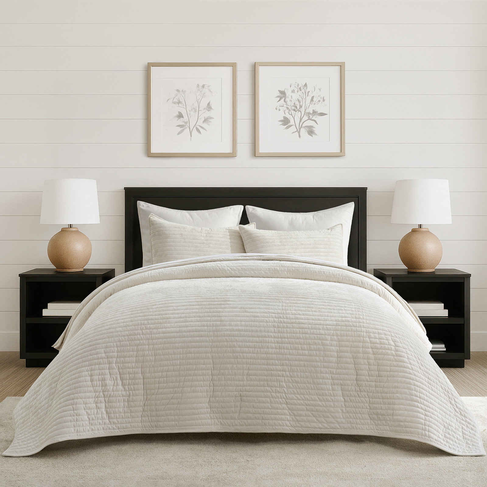Luxe Velvet Channel Quilt Set, Ivory White, California King
