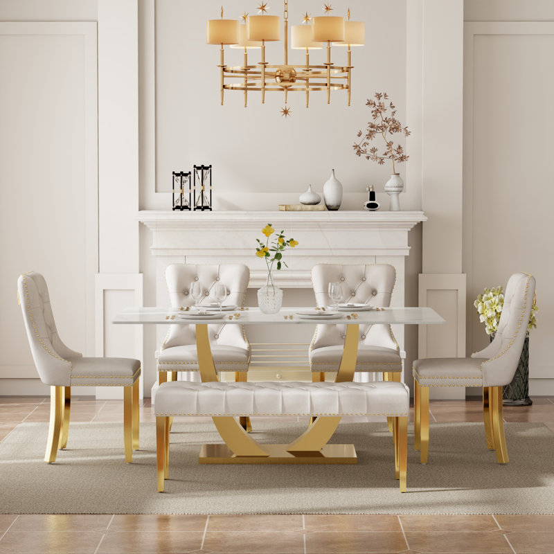 Ensemble de salle à manger rectangulaire avec banc, table de cuisine moderne de style Mid-Century et chaises capitonnées et banc de salle à manger de style luxueux Glass