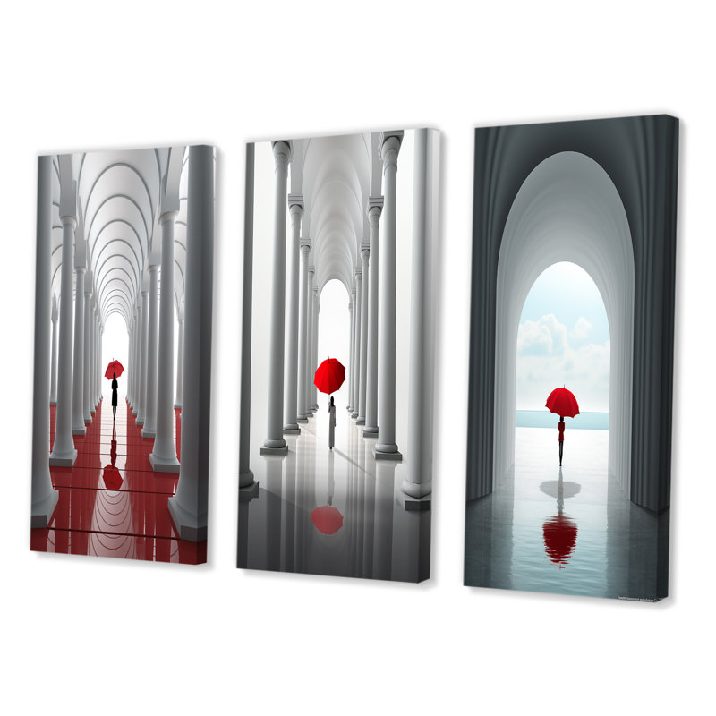 «The Red Umbrella Minimal Architecture II», 3 pièces sur toile, Toile tendue, H 40 po x l 60 po