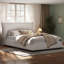 Lit plateforme simple tapissier avec tête de lit à dossier en lin beige