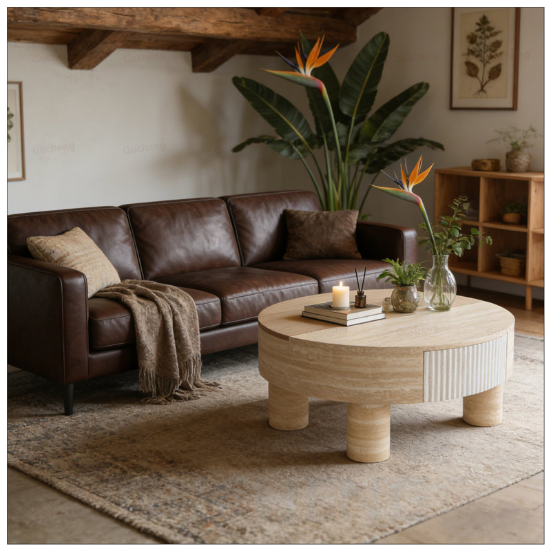 Table basse ronde avec plateau rabattable et rangement caché, parfaite pour une vie moderne et peu encombrante