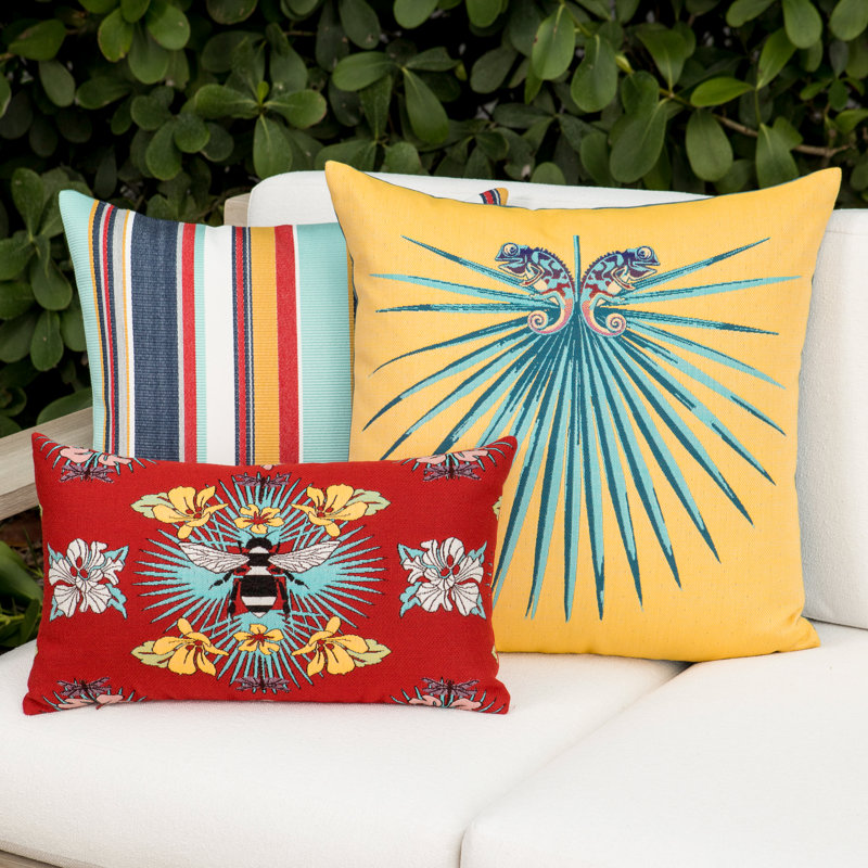 Tropical Bee Lumbar Indoor / Outdoor Pillow Cover & Insert, Red/Black