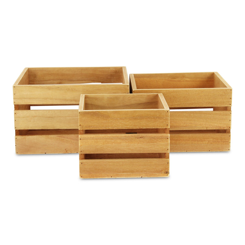 Farmstead Set of 3 Wood Storage Crates, Rustic Nesting Bins, Natural, Brown