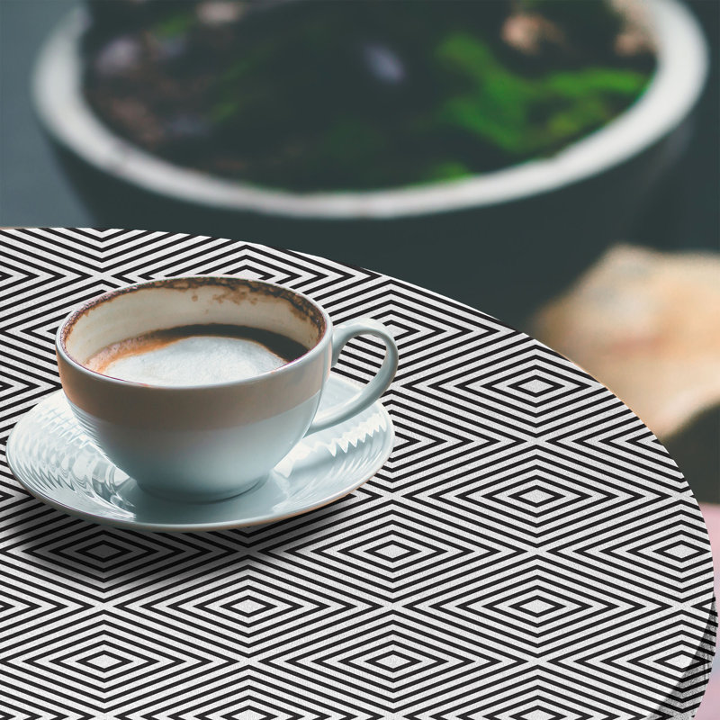 East Urban Home Geometric Rhombus Fitted Round Tablecloth Charcoal Grey White 116589, 64.17'' Round
