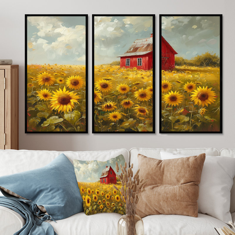 Paula - Ensemble de décoration murale tournesols, H 28 po x l 36 po x P 1 po, Toile avec cadre flottant noir