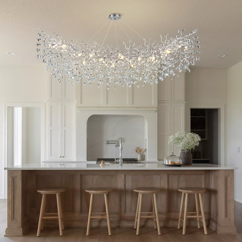 Abe 72" L 18-Light Dimmable Tree Branch Crystal Linear Chandelier Kitchen Island Lights, Silver