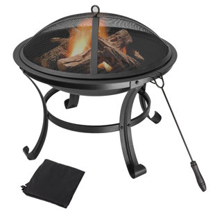 BP4U 22-Inch Outdoor Metal Fire Pit, Durable Wood Burning Round Fireplace/Firepit with Steel Bowl, Mesh Lid, Poker, and Cover for Patio & Backyard