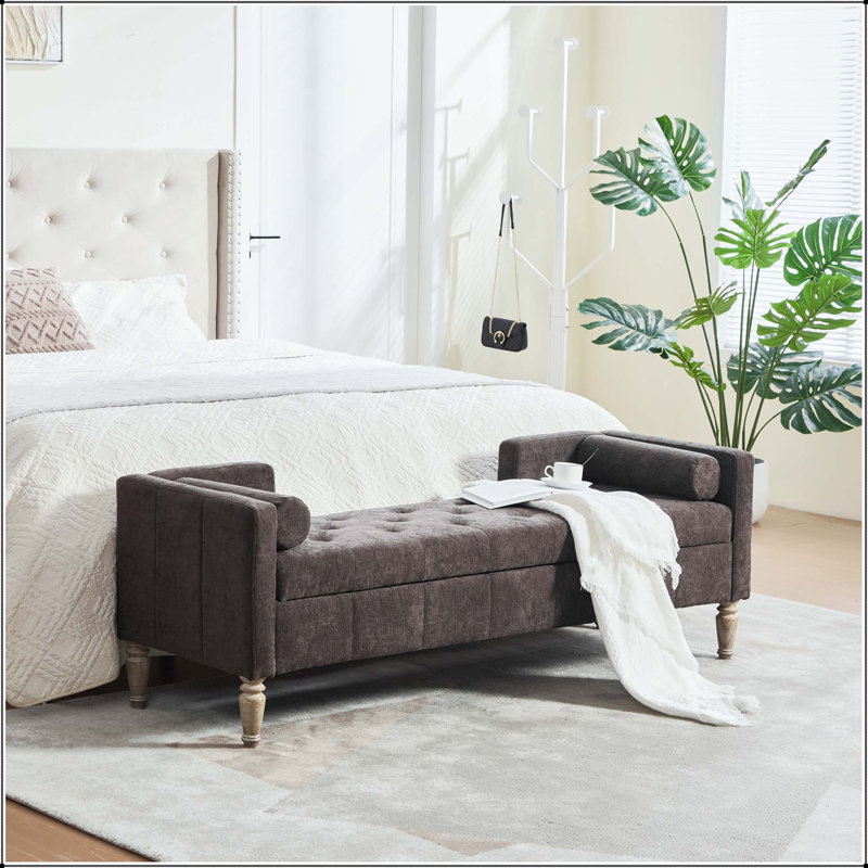 Banc de rangement en chenille 64,6 "avec design capitonné, accoudoirs et traversins, Café, Café