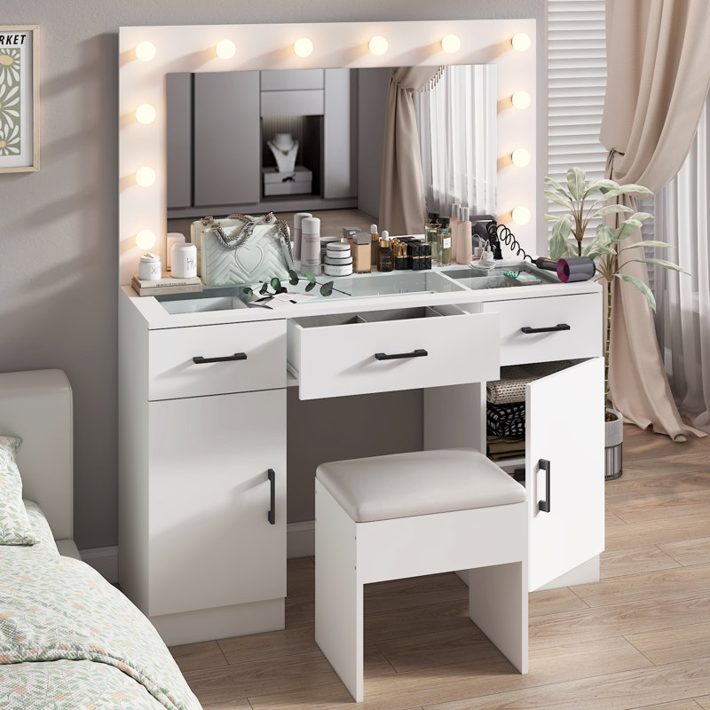 Grand ensemble de coiffeuse avec lumières, USB et prise de courant, 3 tiroirs, Blanc