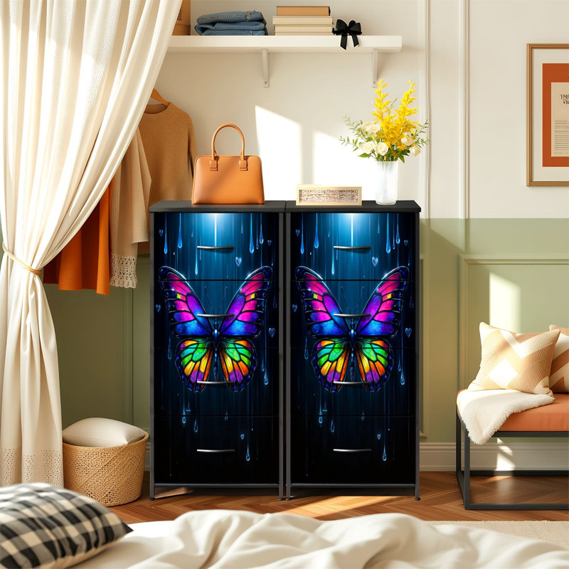Commode pour la chambre à coucher avec 4 tiroirs de rangement Vitrail éclatant papillon couleurs de l'arc-en-ciel Gouttes de pluie en forme de cœur Commode