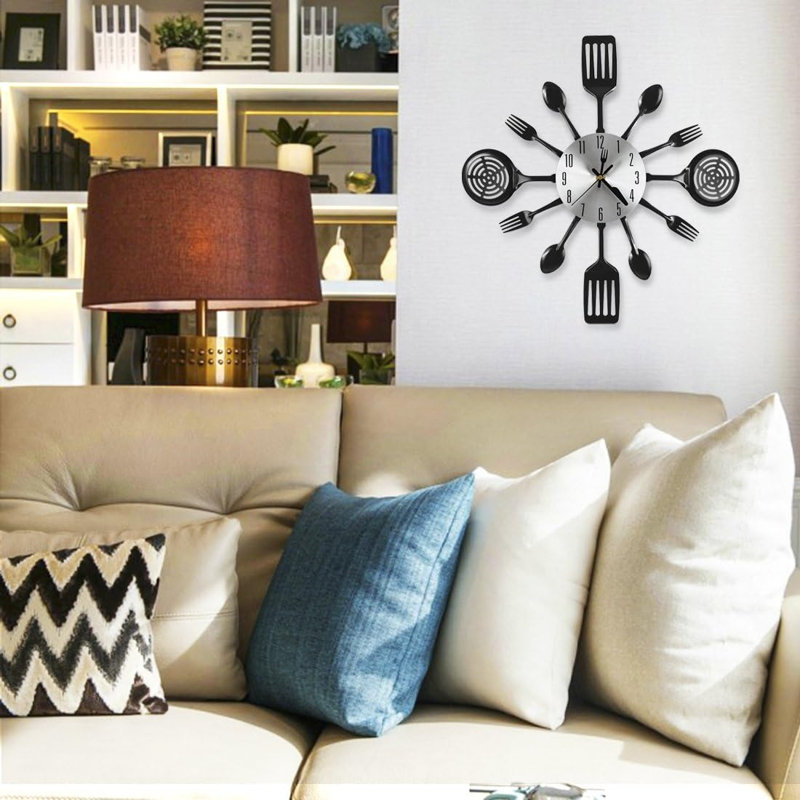 16" Black Non-Ticking Kitchen Cutlery Wall Clock