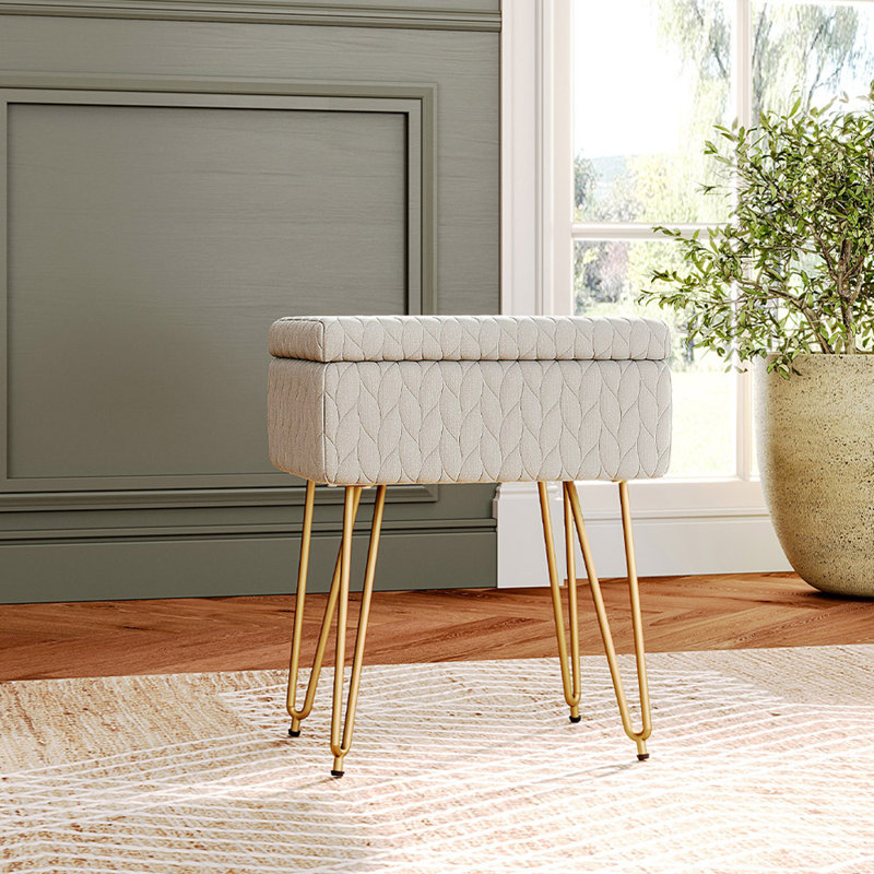 Anabella 48cm Rectangle Upholstered Storage Ottoman Vanity Stool, Beige