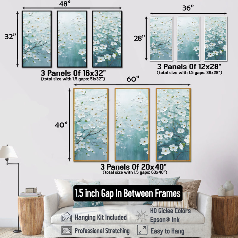 Dogwood S Flowers Field Delight II - ensemble d'art mural sur toile Flower Field, Cadre flottant blanc