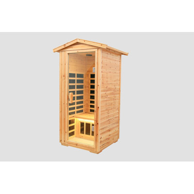 Sauna d'extérieur à infrarouge lointain pour une personne, fait de vieux sapin