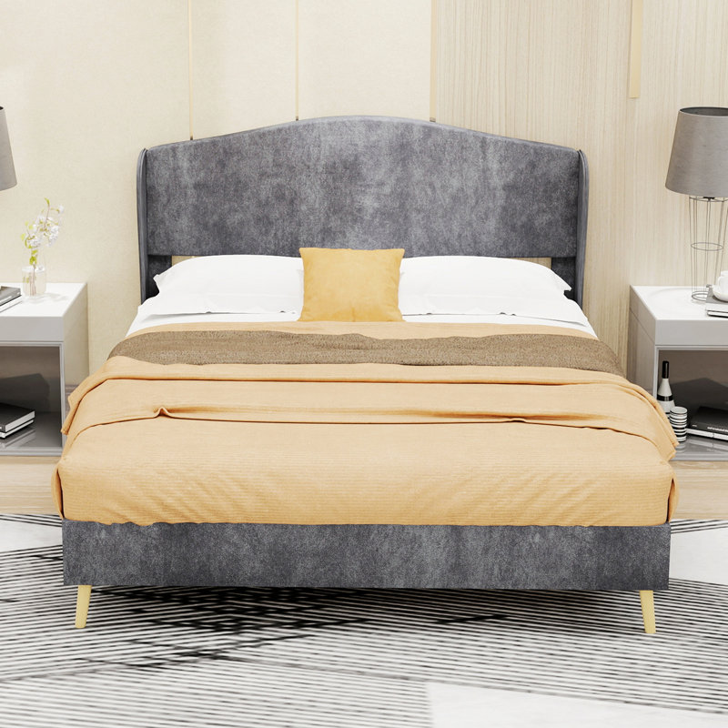 Upholstered Bed For Bedroom, Lit double, Gray