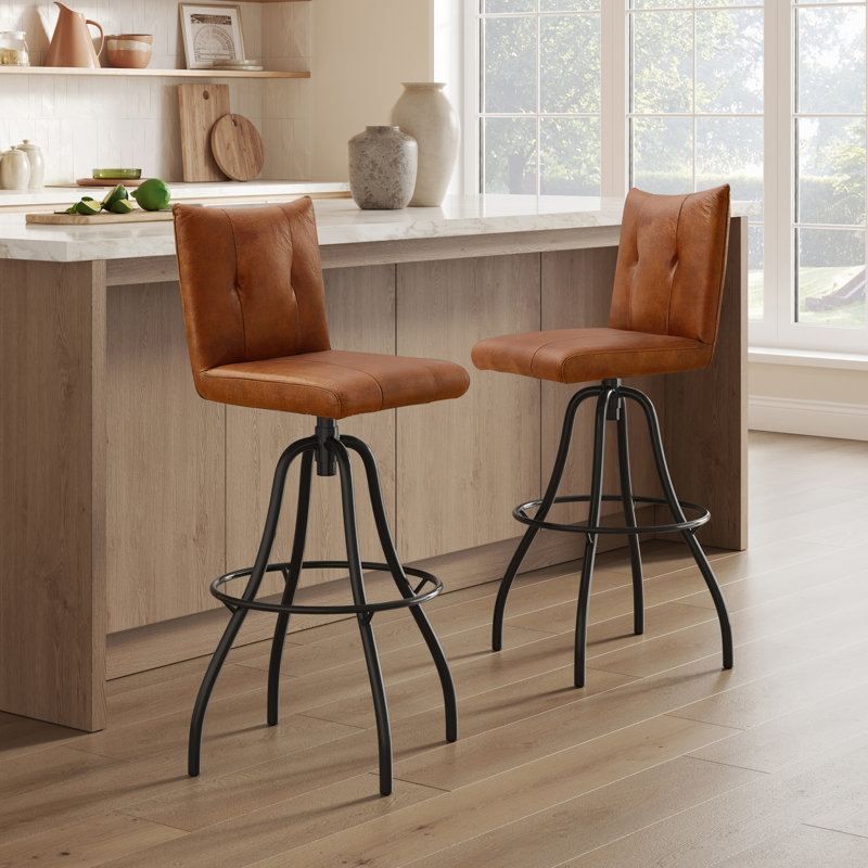 Jaibir Swivel 29.92" Upholstered Top Grain Leather Counter Bar Stools (Set of 2), Distressed Cognac