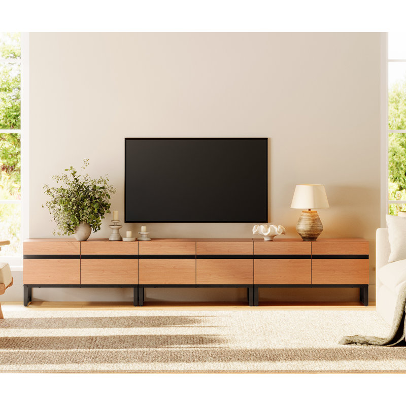 Meuble télé moderne avec armoires de rangement pour téléviseur de 110 pouces, console multimédia en bois avec pieds en métal pour le salon, chêne