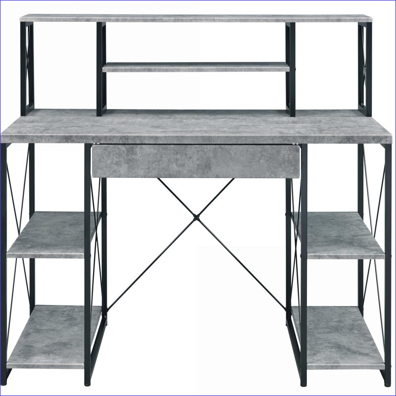 Bureaux avec huche, tiroir et amp; Tablettes ouvertes de 47,5 po de largeur Bureau noir | Noir + gris | Bois et métal, Gris