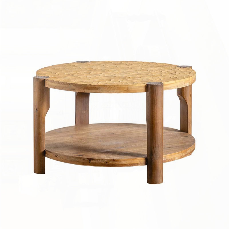 Table basse ronde à 2 niveaux avec pieds en bois massif et tablette de rangement - Mid-Century moderne