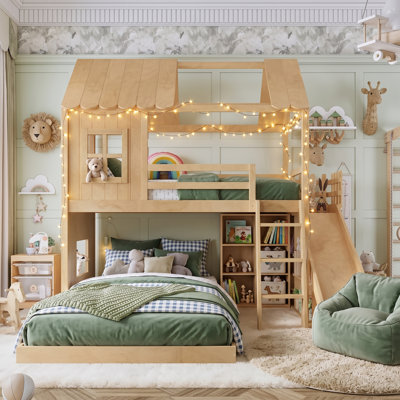 Lit superposé House avec glissoire et échelle, cadre de lit superposé simple avec tablettes de rangement intégrées et garde-robe, lit en bois massif pour enfants