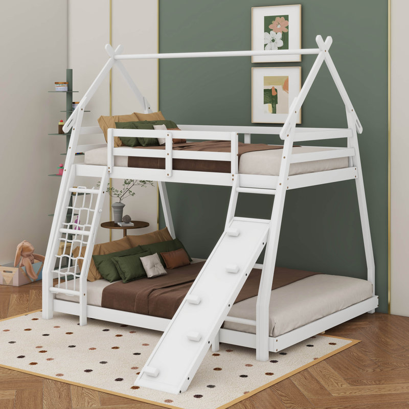 Lit superposé simple au-dessus de grand lit avec filets d'escalade et rampe d'escalade, Blanc