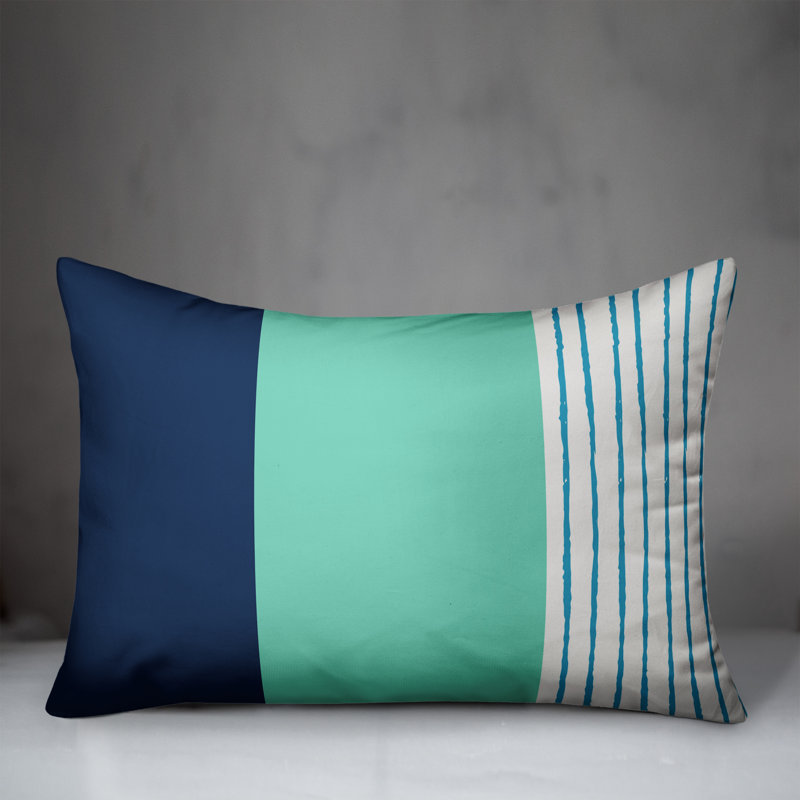  Stripe Indoor/Outdoor Lumbar Pillow, Polyester/Polyfill, Navy/White/Sea Green