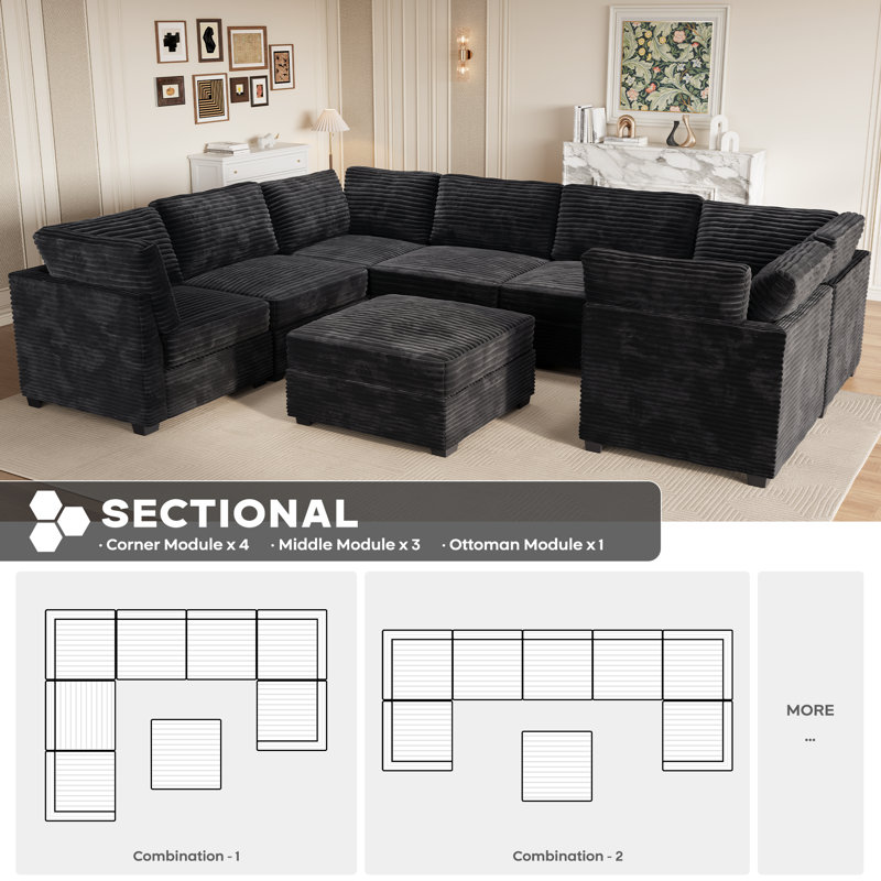 Corduroy Section Sofa Combination, 7 Seats, With Ottoman, Can Be Combined At Will