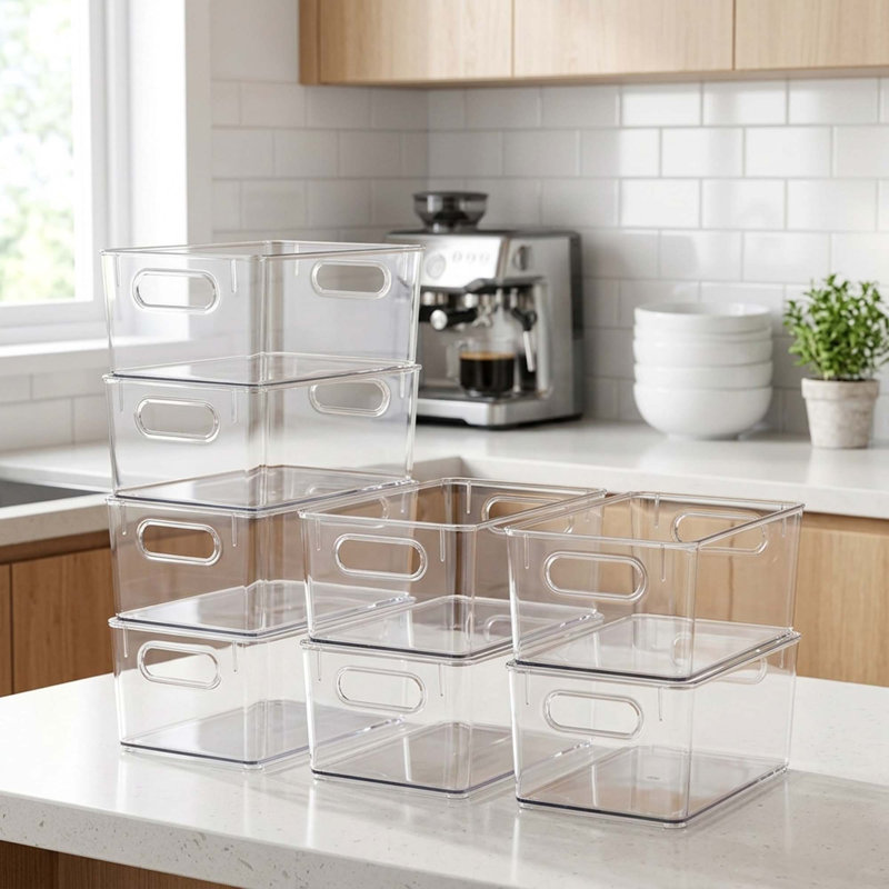 8 bacs de rangement en plastique transparent, garde-manger empilables et contenants de cuisine, 4 grands et 4 petits