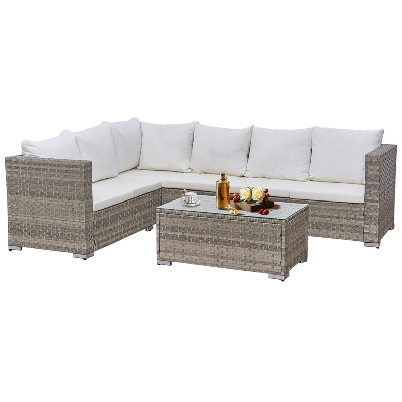 Oseasons® Chaunci Alt Rattan 6 Seat Corner Sofa Set in Dove Grey with Creamy White Cushions