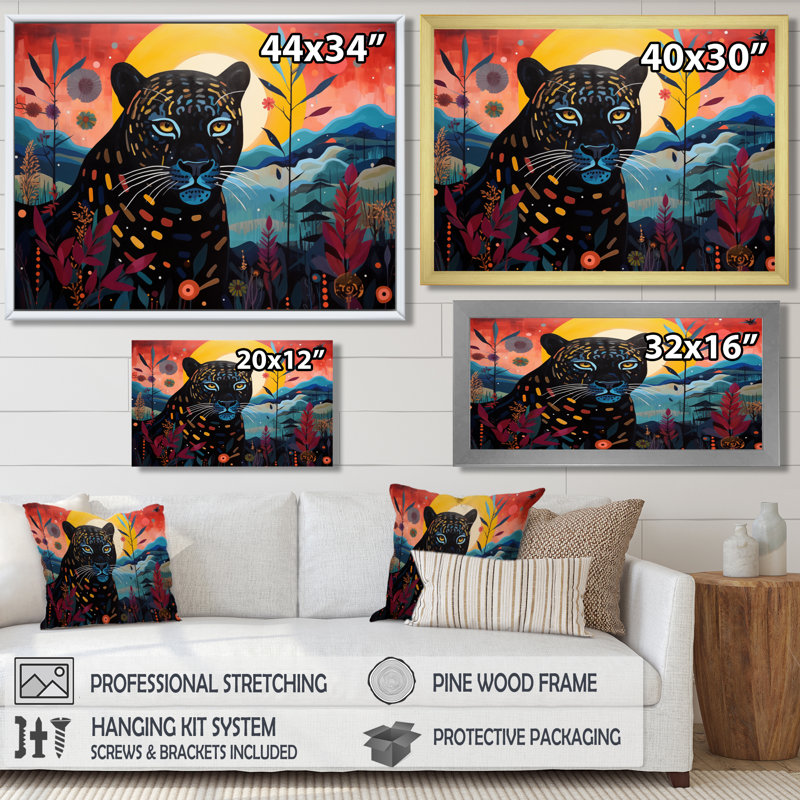 Panthère noire dans un paysage de jungle coloré II - art mural panthère, Cadre flottant brun, bois massif, H 16 po x l 32 po