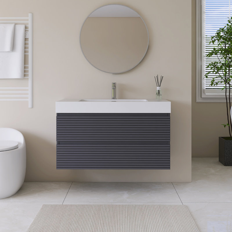  Meuble-lavabo mural simple gris avec plateau en résine intégré blanc, 36"