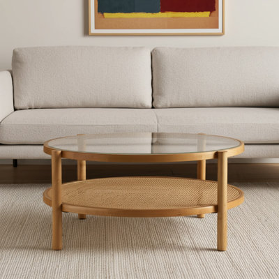 Table basse ronde en bois massif et bois clair de 34 po avec tablette