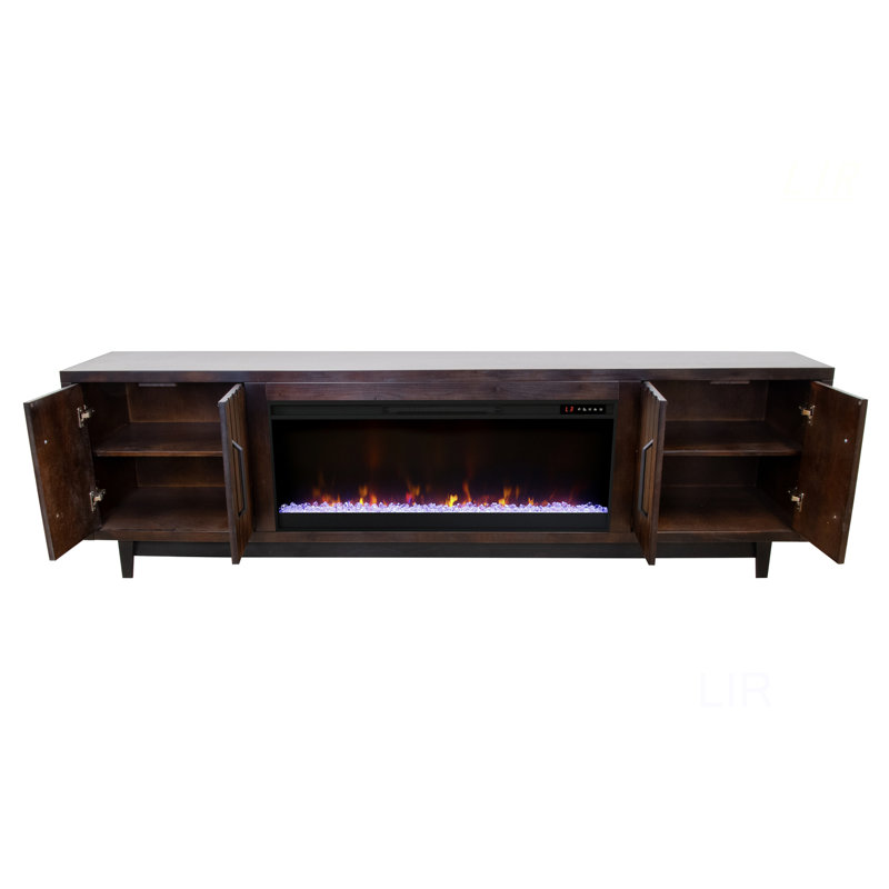 Meuble télé 92 po avec foyer électrique en bois massif Poulari pour téléviseur de 100 po ou moins, 29"H x 92"L x 17"W, Noir