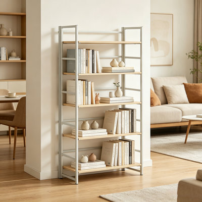 5 Tier Wide Multifunctional Bookshelf, Vintage Folding Bookcase, No-Assembly Storage Shelves For Home Office