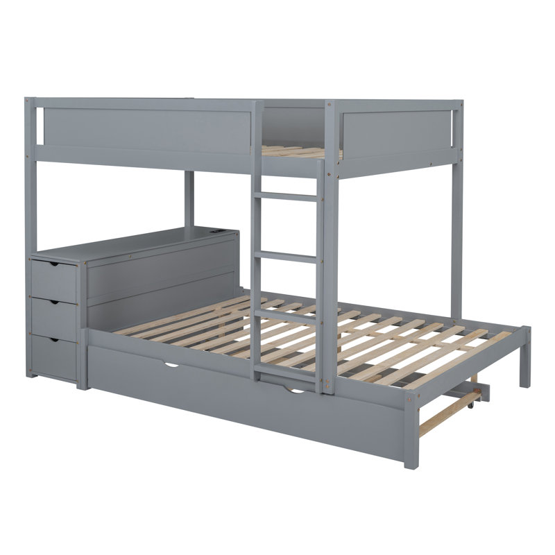 Lit superposé double avec lit gigogne simple, rangement et bureau, gris, Gris