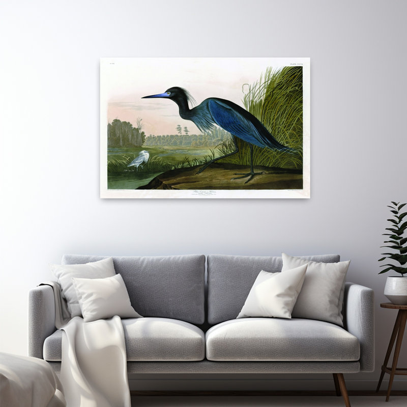 Grue bleue, oiseau abstrait, paysage côtier, art, H 32 po x l 48 po