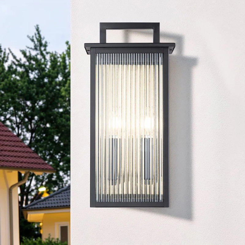 Applique murale d'extérieur en fer côtelé noir 2 lumières avec crépuscule à l'aube
