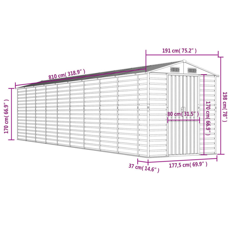 Grande remise en acier galvanisé Vidaxl, Brun, H 78 po x l 318 po x P 75 po