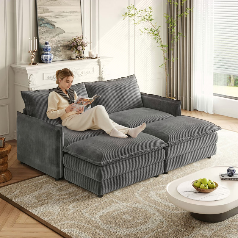 Canapé en tissu velours 2 places en velours côtelé confortable avec 2 repose-pieds mobiles pour le salon, fauteuil inclinable surdimensionné à assise profonde, canapé rembourré de grande taille avec 2 coussins
