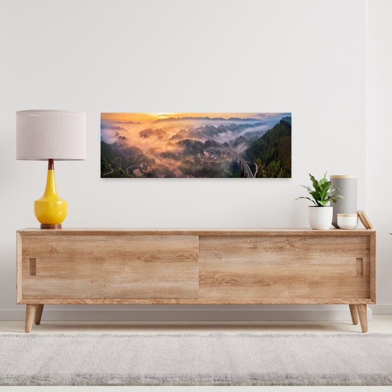 «Golden Valley Highway Sunrise Dramatic Peaceful Serene Forest Landscape», art mural, H 12 po x l 36 po