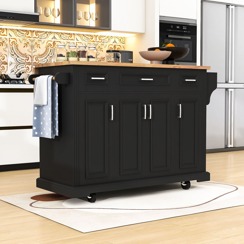 Rolling Kitchen Island Cart with Rubber Wood Drop Leaf, Storage Cabients and Soft Close Drawers, Black