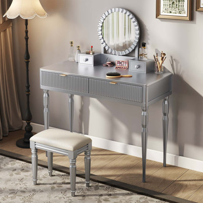Ensemble de coiffeuse de luxe avec miroir rond, hauteur réglable, coiffeuse, 4 tiroirs et tabouret