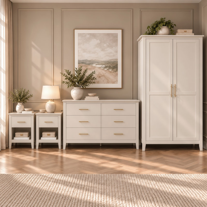 4 Piece Bedroom Furniture Set 2 Door Wardrobe 6 Chest of Drawers 2 Bedside Tables Gold Handles Storage Living Units, Cashmere